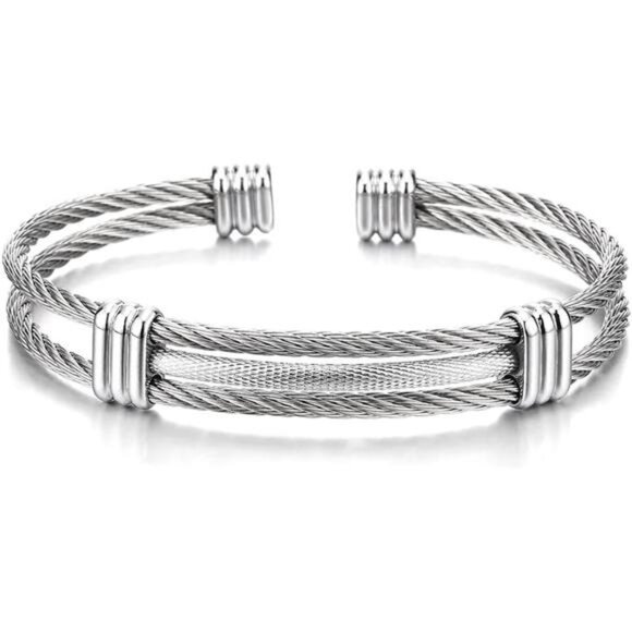 COOLSTEELANDBEYOND Men Women Stainless Steel Twisted Cable Adjustable Cuff - Picture 1 of 7